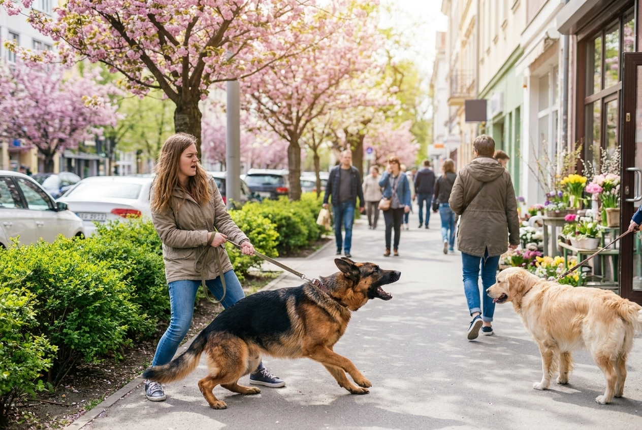 Chien réactif aboyant en laisse au passage d'un autre chien dans la rue