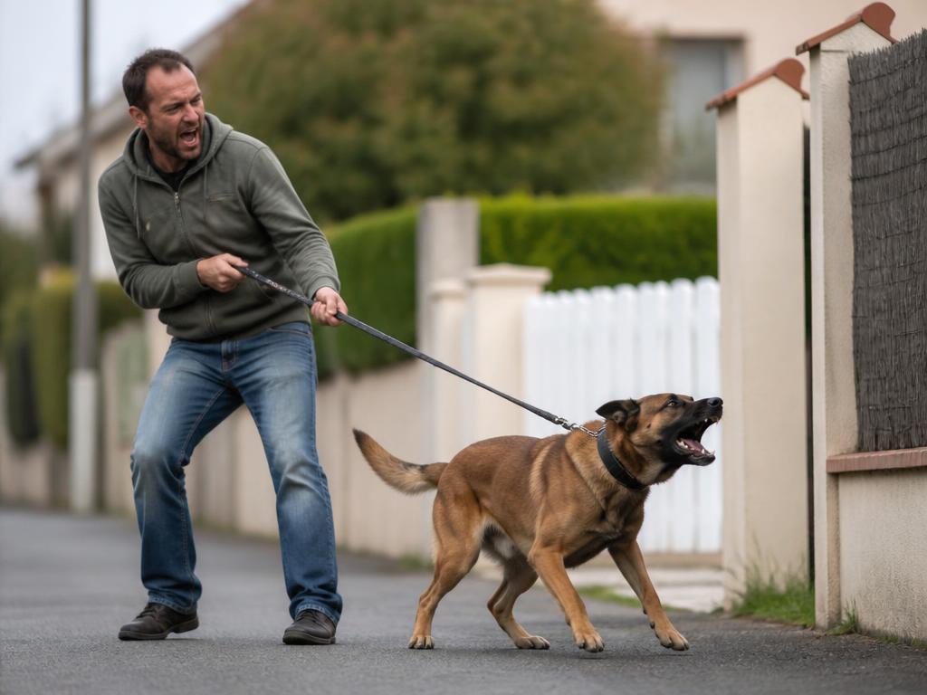 Propriétaire tirant fermement sur la laisse de son chien