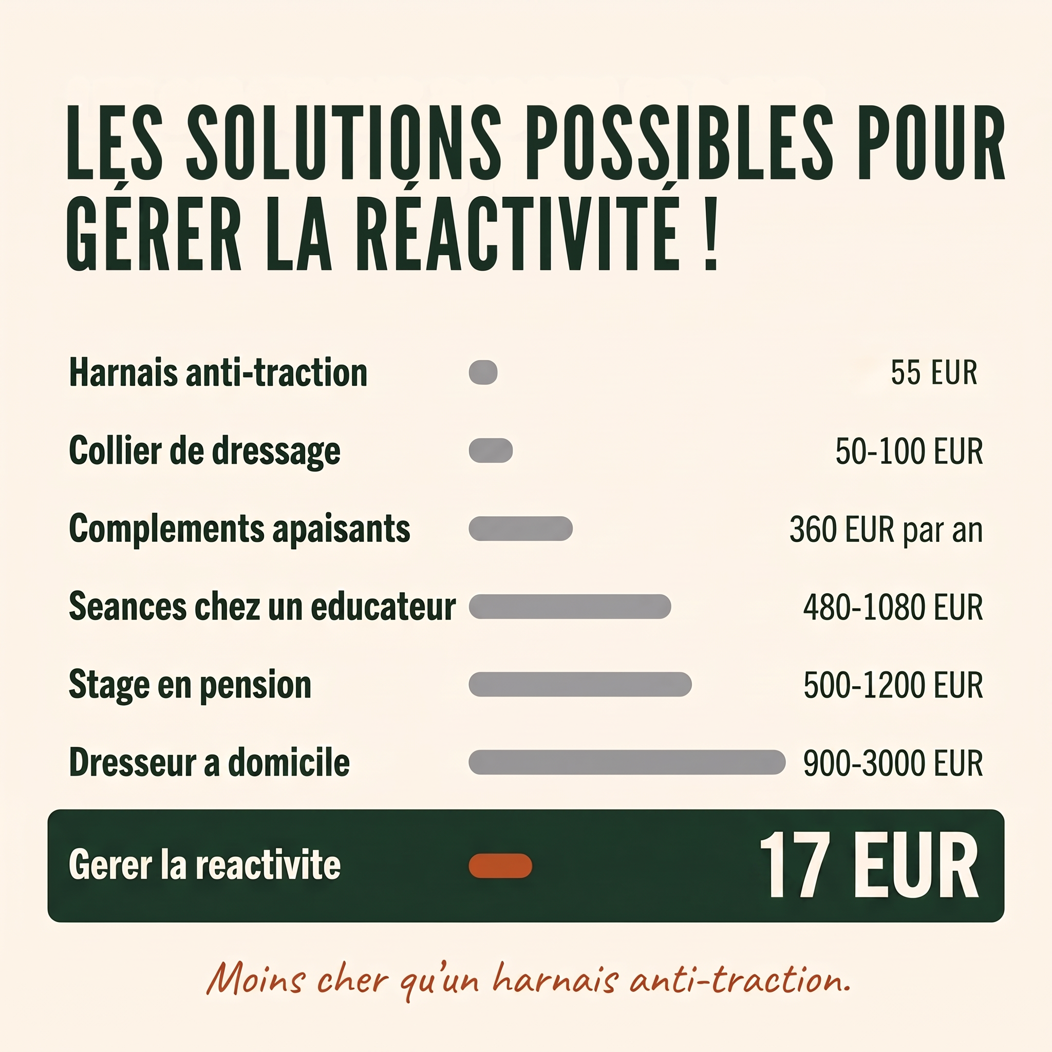 Comparaison des solutions pour gérer la réactivité : programme à 17 EUR vs harnais, collier, compléments, éducateur et dresseur