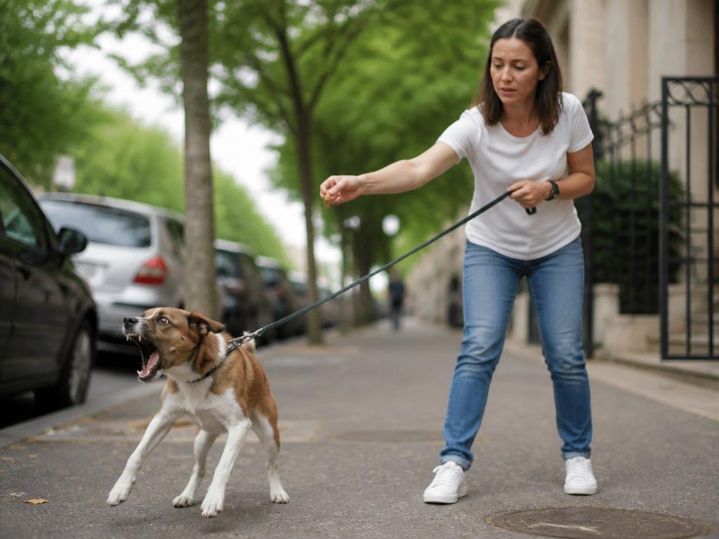 Propriétaire tendant une friandise à son chien en pleine crise dans la rue