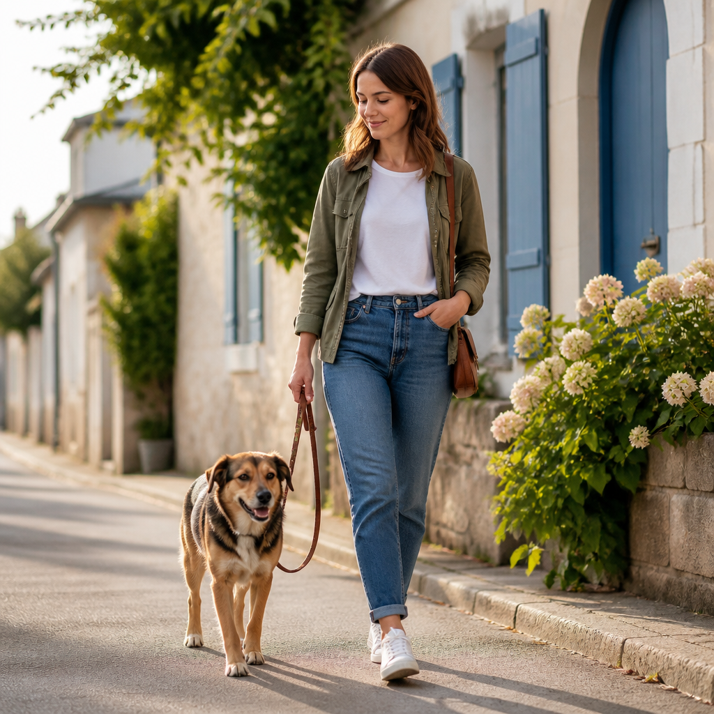 Chien calme marchant en laisse sans tirer à côté de son propriétaire en balade
