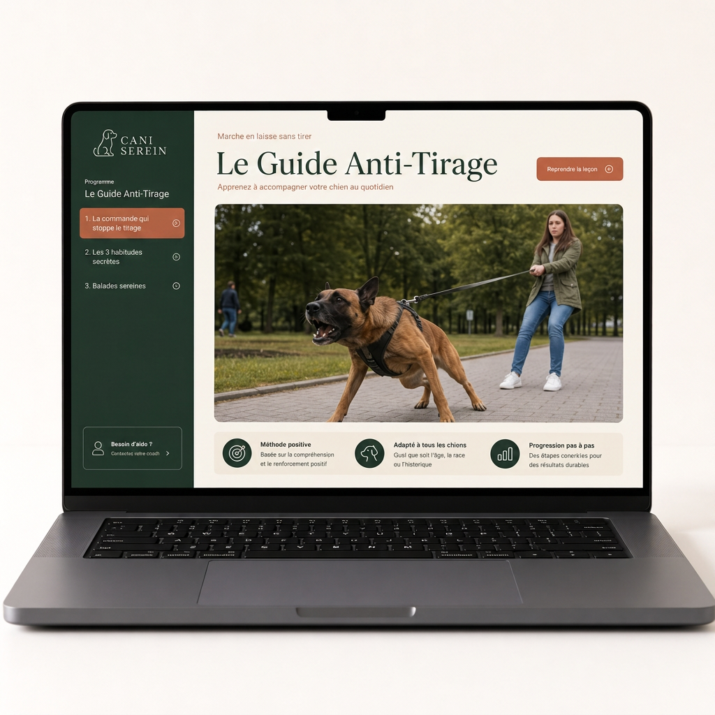 Le guide anti-tirage affiché sur ordinateur — un chien qui tire sur sa laisse en balade