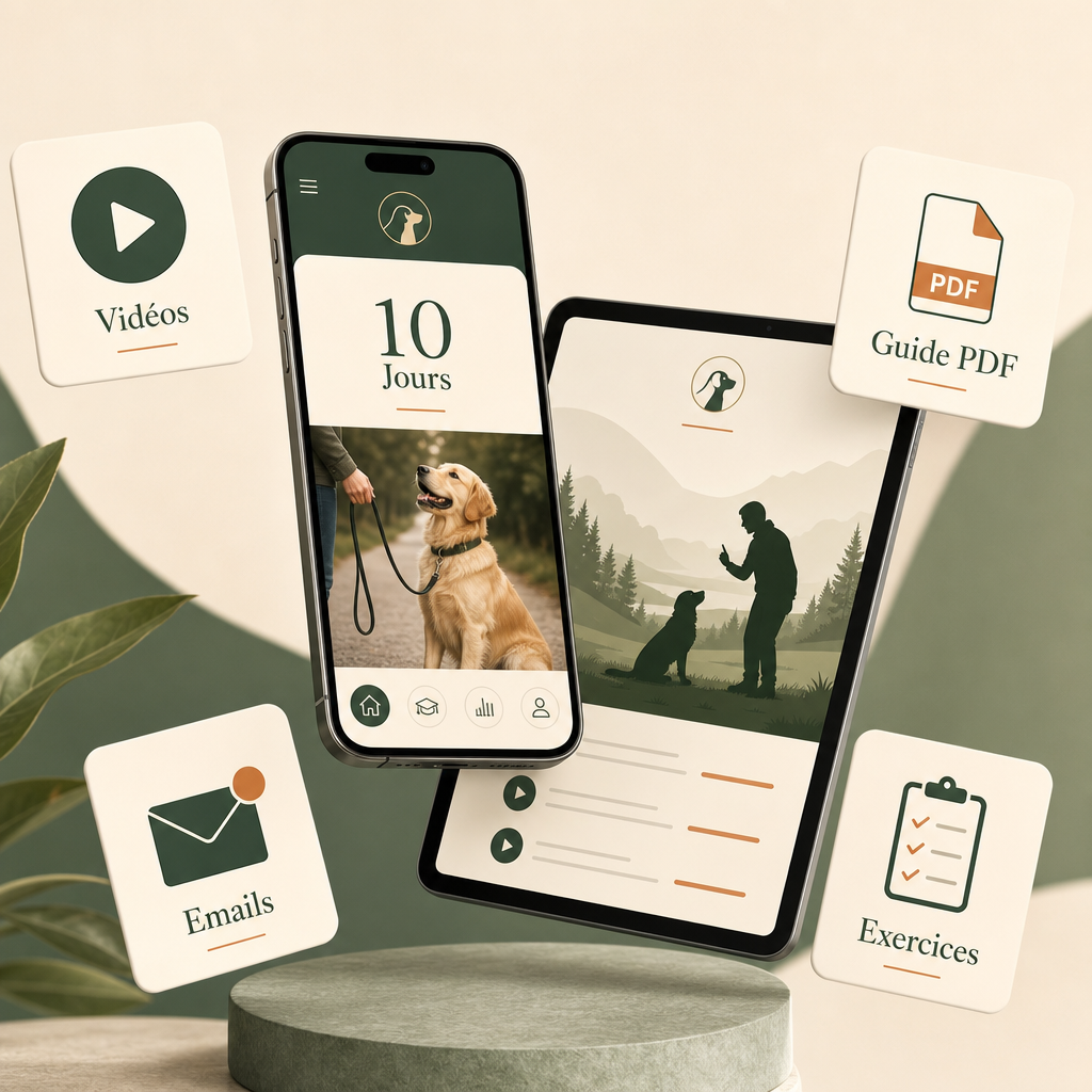 Mockup du programme : vidéos, guide PDF, exercices et emails accessibles sur mobile et tablette